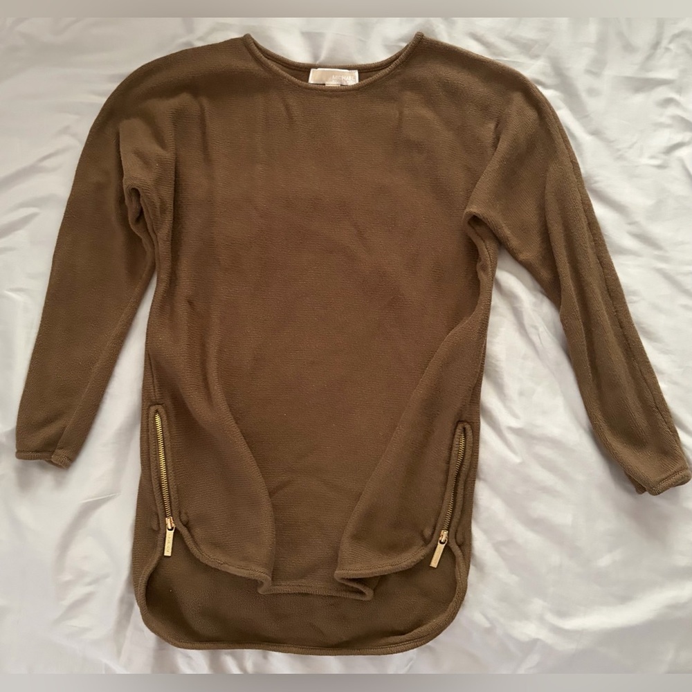 Michael Kors Forrest Green Knit Sweater with Gold Logo Plaque